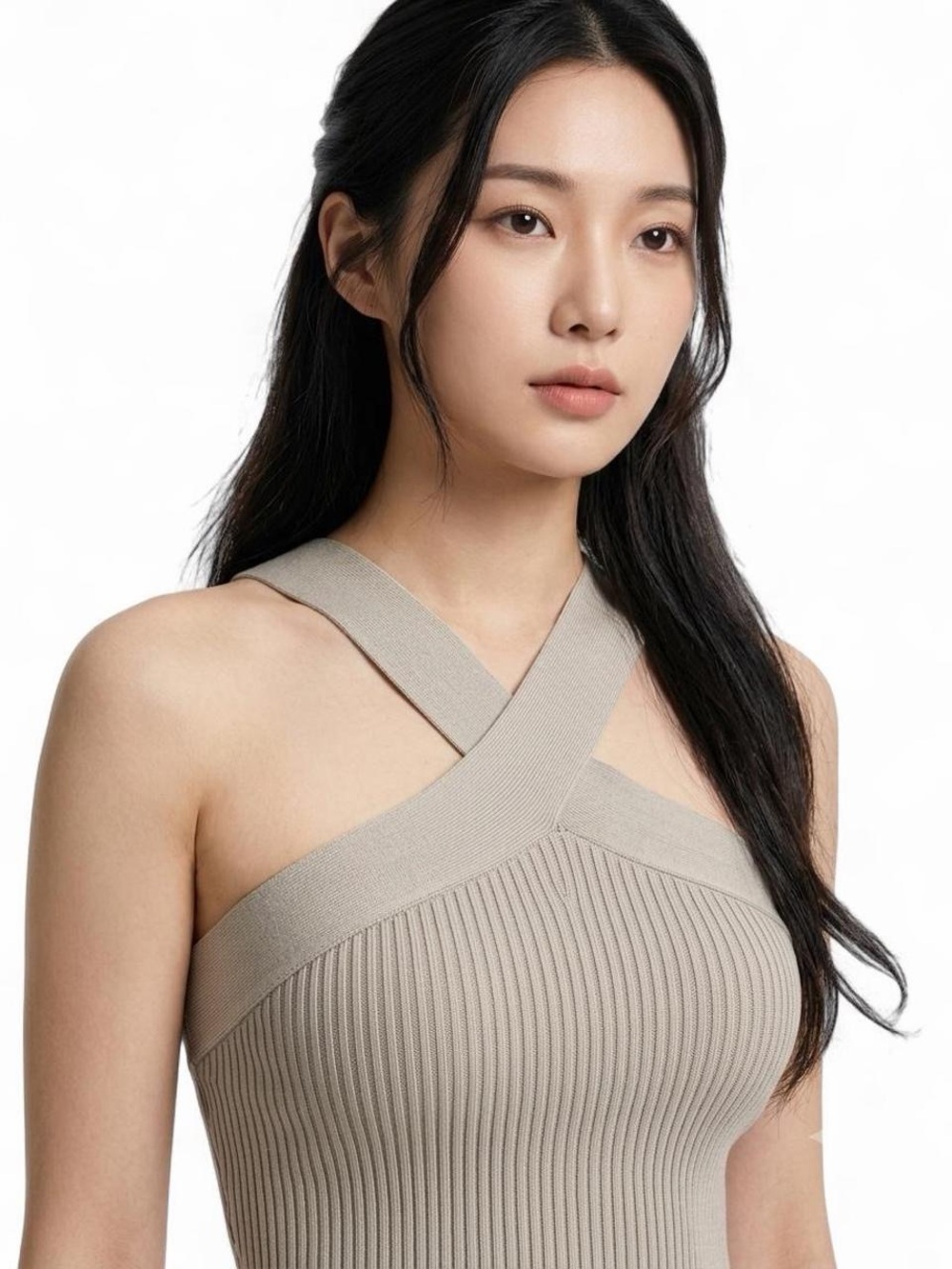 Aritzia Babaton Beige Criss Cross Halter Knit Tank Top XS